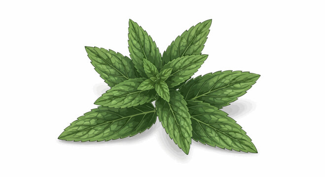 Close-up of a vibrant green mint sprig, detailed illustration.