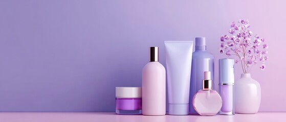 Bold purple cosmetic presentation on pink purple pastel backdrop  
