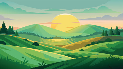 Obraz premium Beautiful summer landscape with green hills and sunset. Vector illustration.