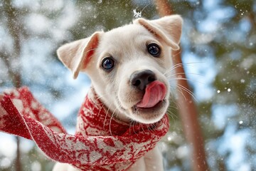 Adorable playful puppy wearing a red plaid scarf jumping outdoors in a snowy winter forest. Christmas and New Year holiday mood