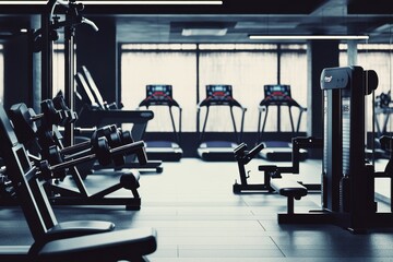 Fototapeta premium Fitness center interior with equipment ready for workout at dawn in a modern gym