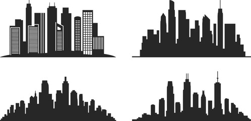 City skyline silhouettes collection, modern skyscraper and building shapes, urban cityscape view in black, flat vector illustration design set