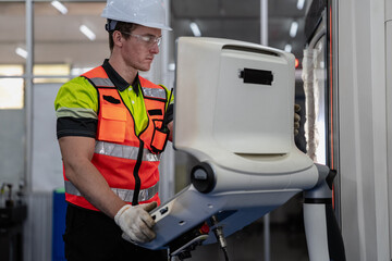 Smart Caucasian engineer work setup AI automated in robotics electronics engineering laboratory....