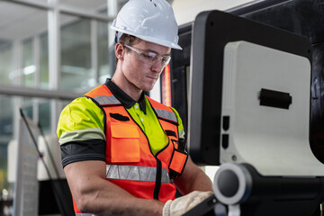 Smart Caucasian engineer work setup AI automated in robotics electronics engineering laboratory....