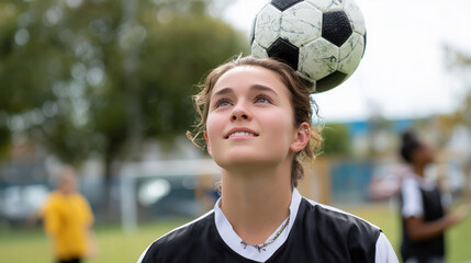Young athlete skillfully balances soccer ball on head while practicing at outdoor field in daytime with teammates nearby