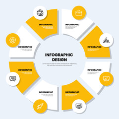8-section circle infographic design with business icons. Yellow and white pie chart.