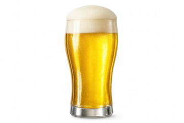 Glass of cold, condensation-covered beer with thick head of foam on transparent background, perfect for beverage and refreshment themes