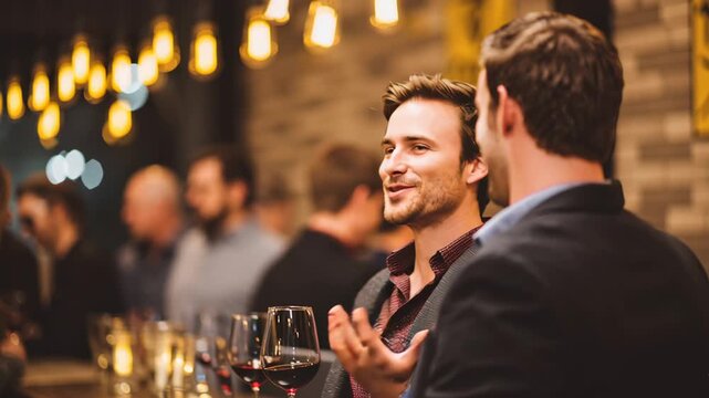 Startup fundraising event featuring networking and social gathering with wine warmly lit lively atmosphere and engaging