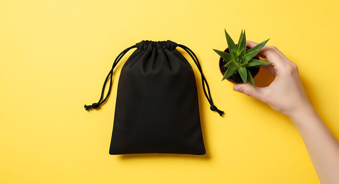 Minimalist Flat Lay - Black Drawstring Pouch and Hand Holding Succulent on Vibrant Yellow Background.
