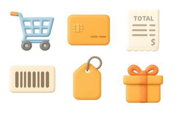 3d shopping icons: cart, card, receipt, barcode, tag, and gift box with neon…