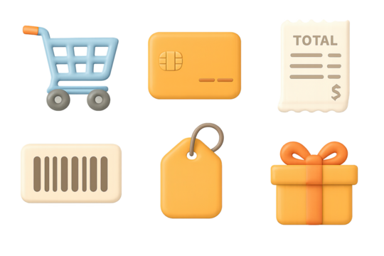 3d shopping icons: cart, card, receipt, barcode, tag, and gift box with neon…