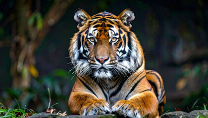 Obraz premium Sumatran tiger resting in jungle habitat