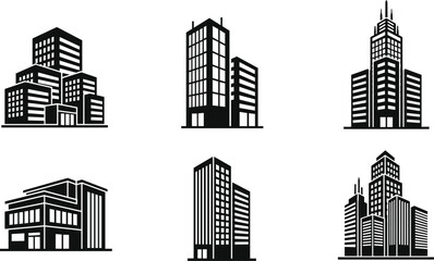 Modern city buildings collection, black silhouette icons, office towers, urban architecture, commercial buildings, flat vector illustration, cityscape design elements