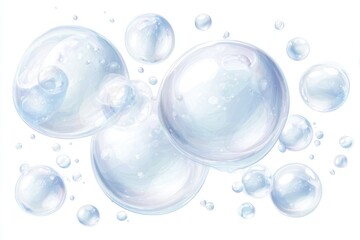 Bunch of translucent bubbles overlapping, with white glares and faint blue/lilac hues, floating against a bright background
