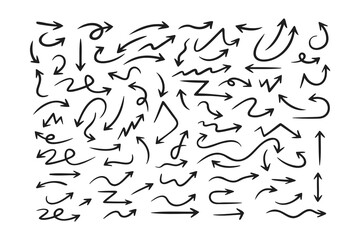 Arrow doodle vector element design set. Line directions symbol sign pack. Set of playful arrows illustration. Curved, zigzag, circular, and wavy arrows for packaging and decoration