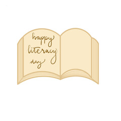Open book vector illustration, completed with text "happy literacu day", perfect for celebrate literacy day