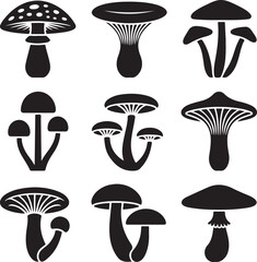 Black and white mushrooms vector set. Different mushrooms