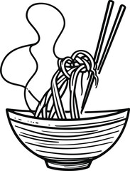 Minimal noodle bowl line art vector, abstract chopsticks holding noodles, clean doodle style Asian food icon
