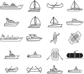 Water Transport Ships and Boats Vector Line Icon Set