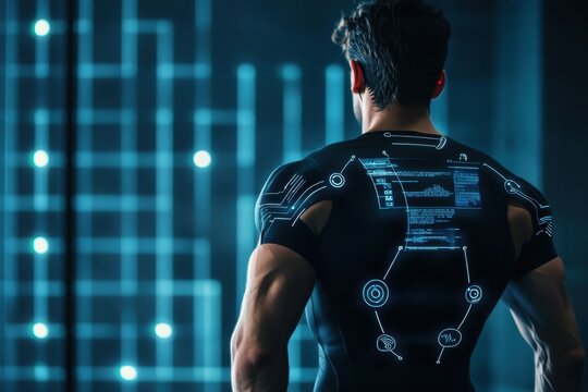 Futuristic athlete using advanced technology for training in a high-tech environment