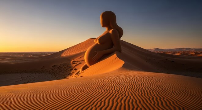 Monumental maternal form, sculptured in sand, facing towards dawn in vast desert landscape