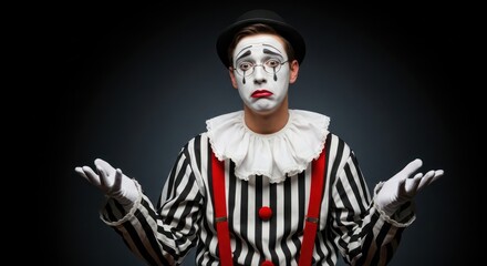 Puzzled mime artist displaying bewilderment in the theatrical tradition of silent performance