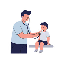 Doctor examining young boy with stethoscope in clinic during routine checkup, showcasing healthcare and pediatric medicine with caring atmosphere.