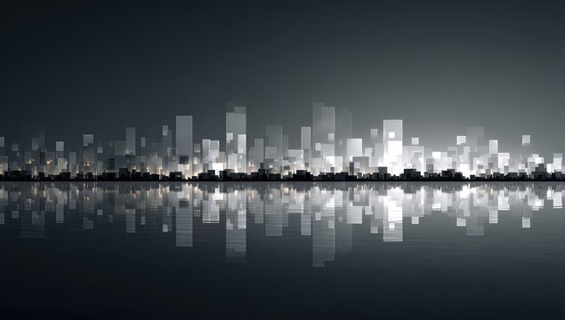 Fototapeta City skyline at night, reflected on water, abstract style