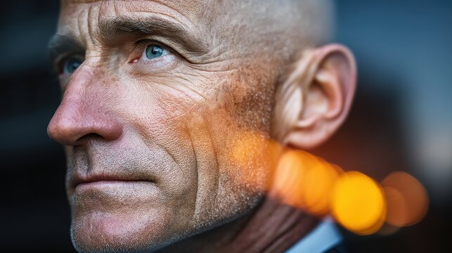 Close-up portrait of a thoughtful man with a bald head reflecting city lights in the background