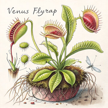 Illustration of watercolor illustration of a venus flytrap plant, a carnivorous plant with a fly isolated on white background