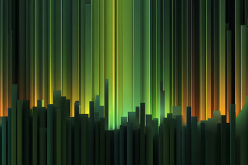 Modern 3D cityscape with vibrant green and yellow hues, perfect for technology backgrounds or futuristic designs, adding a touch of dynamic energy and innovation
