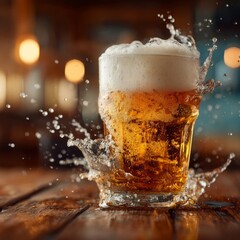 A glass of beer with foam on a wooden table with water splashing around it in a blurred background