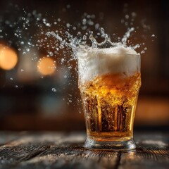 A glass of beer with foam and water splashing on a wooden surface in a blurred background setting indoors