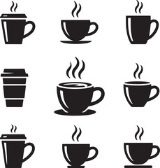 Coffee set icons, logo isolated on white background. Glasses and cups for coffee