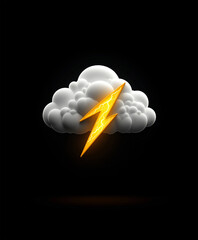 3D illustration of thunderstorm cloud with glowing lightning bolt, dramatic weather icon, dark background, electricity and energy concept design