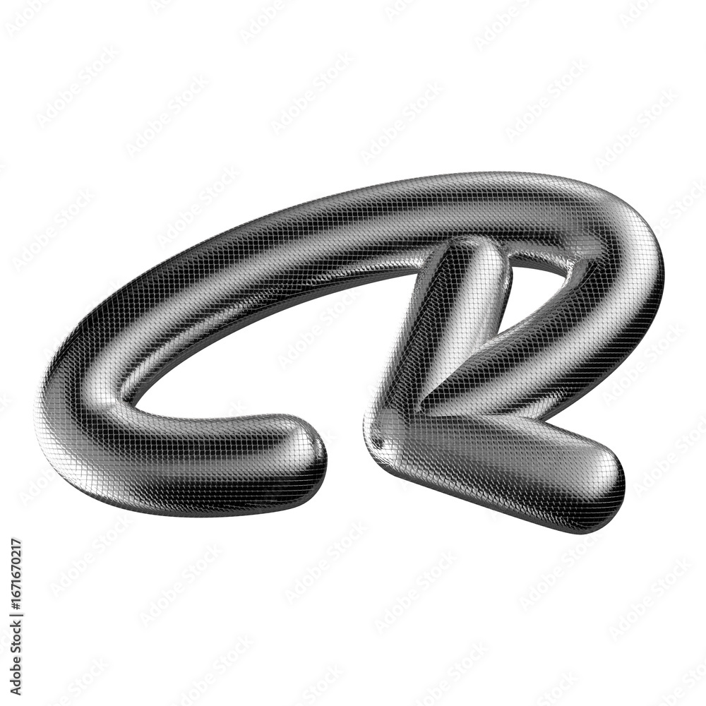Poster shiny metallic inflatable rotating arrow 3d shape isolated. bulky chrome metal 360 degree rotation a