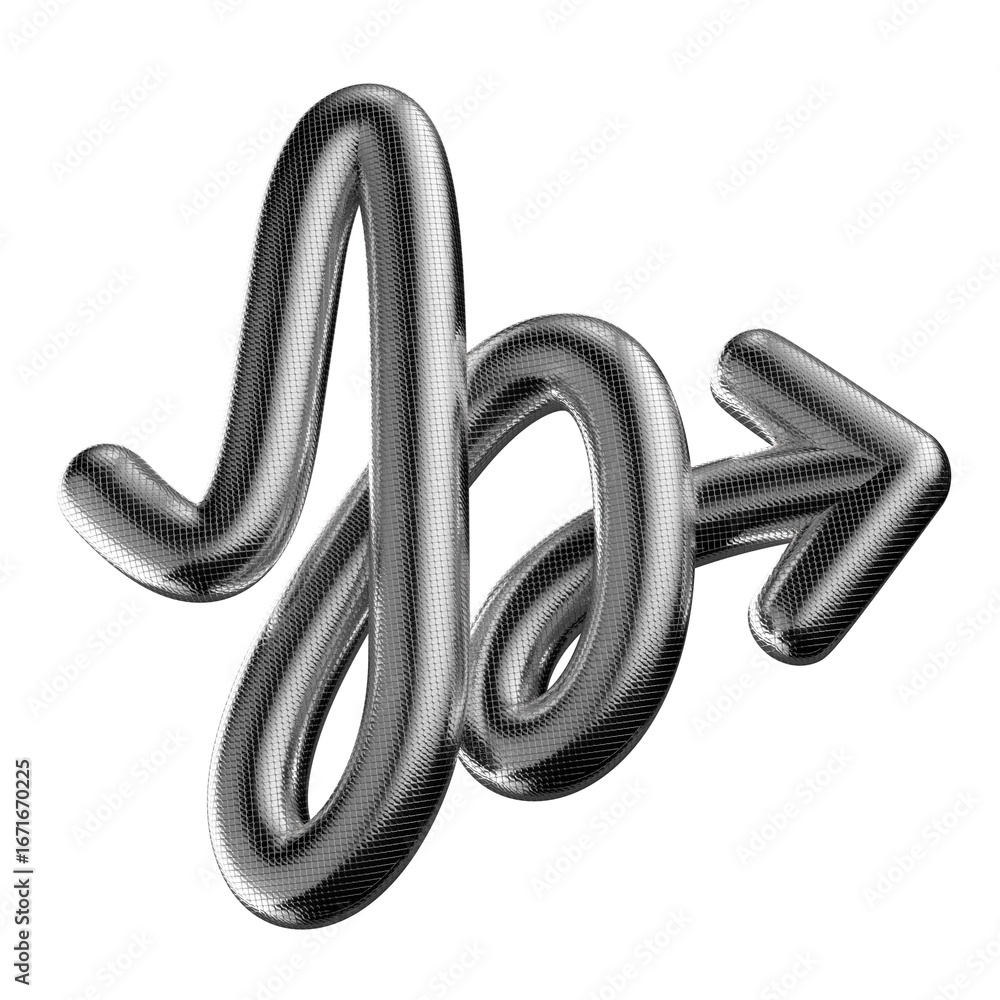 Poster shiny metallic inflatable arrow 3d shape isolated. bulky chrome metal wavy arrow, abstract wriggling