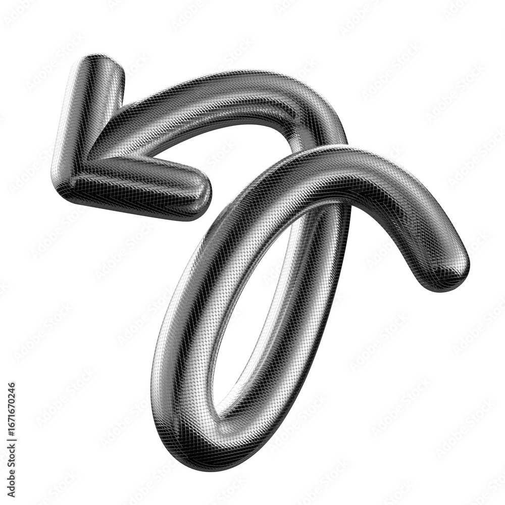 Poster shiny metallic inflatable arrow 3d shape isolated. bulky chrome metal wavy arrow, abstract wriggling