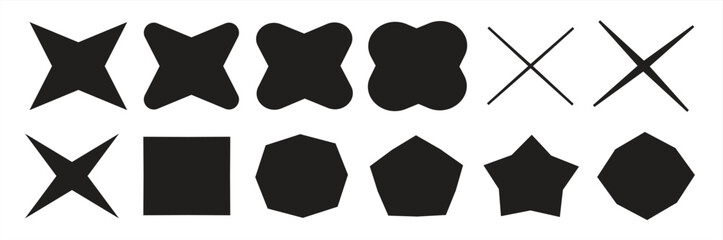 A collection of abstract geometric shape silhouettes featuring starbursts, squares, pentagons, and intersecting line designs. Suitable for graphic design project branding logos, artistic compositions.