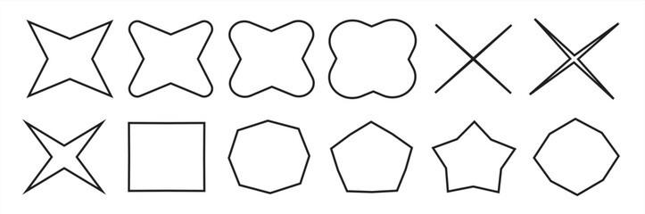 A collection of abstract geometric shape outlines featuring starbursts, squares, pentagons, and intersecting line designs. Suitable for graphic design projects branding logos or artistic compositions.