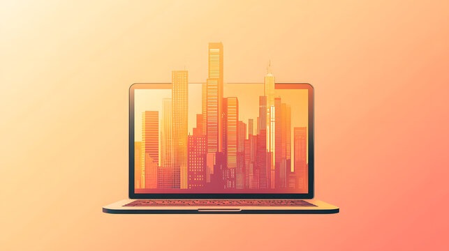 Stunning cityscape emerges from laptop screen, symbolizing digital innovation and urban connection.