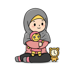 Child in hijab smiling with toy clock