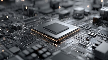 Close-up view of a microprocessor on a circuit board with intricate connections and lights