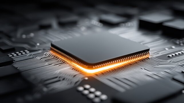 Close-up view of a microprocessor on a circuit board with glowing edges, showcasing technology - Powered by Adobe