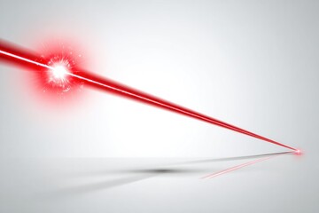 Red laser beam emits from source, travels across gray space, reflecting on floor