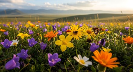 Vibrant Wildflower Meadow with Colorful Blooms and Distant Mountains at Sunrise.