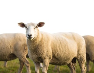 Fototapeta premium A close-up view of a sheep, in the foreground, standing in a field. The sheep's soft, light beige fleece is a focus, while the background subtly features other sheep.