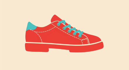 A stylish red sneaker with vibrant blue laces, depicted in a minimalist flat design. Vector graphic illustration of casual athletic footwear