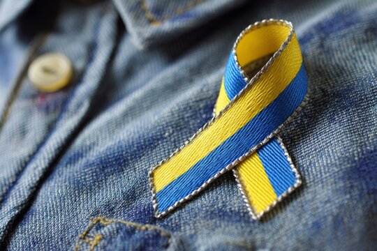Yellow and blue ribbon pinned to denim jacket showing support for ukraine - Powered by Adobe