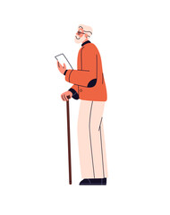 Fototapeta premium Senior person leans on walking stick, holds paper sheet in hand. Old man with documents looks up side view. Happy elderly character with glasses stands. Flat isolated vector illustration on white